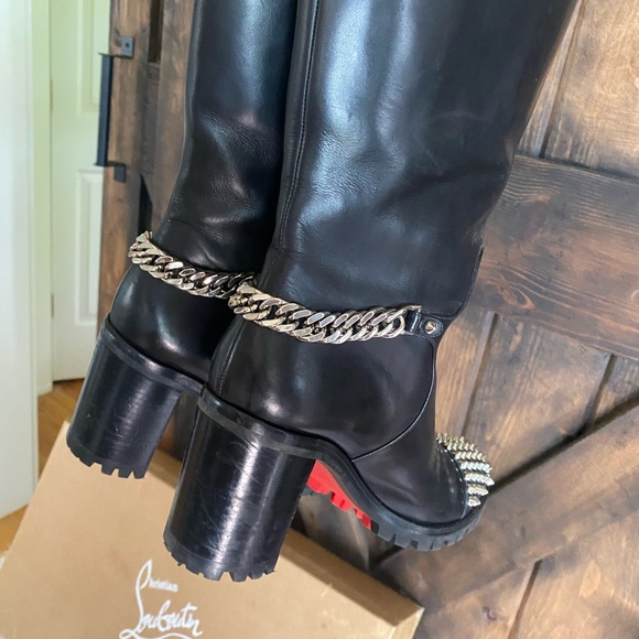 SOLD❤️Christian Louboutin Napaleona Spiked-Toe Red Knee Bl boots leather - Picture 15 of 16